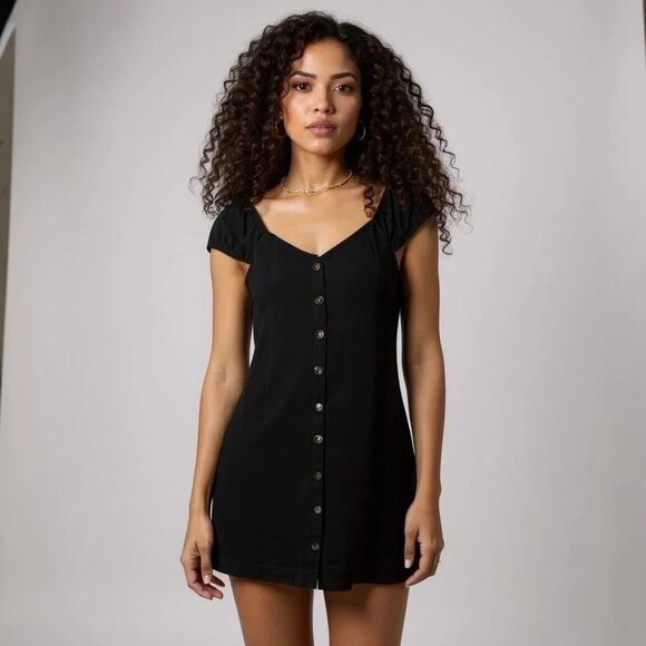 American Eagle Linen Blend Button Front Mini‎ Dress Black Puff Sleeve Solid Sz M - Picture 1 of 6